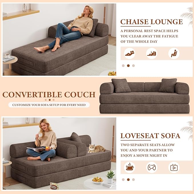 77" Convertible Sofa Bed, Modular Folding Futon Corduroy Floor Foam Compressed Loveseat Sleeper Sofa Couch, Pull Out Queen Size Couch Bed with 2 Pillows for Living Room Guest Room Studio, Brown