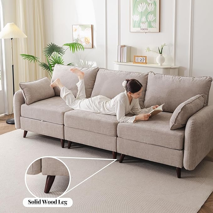 Rexulqo 135'' Modular Sectional Sofa with All Seats Storage, Oversized U Shaped Couch for Living Room,4-Seater Comfy Cloud Couch with Movable Ottoman,Big Sectional for Bedroom,Velet,Khaki
