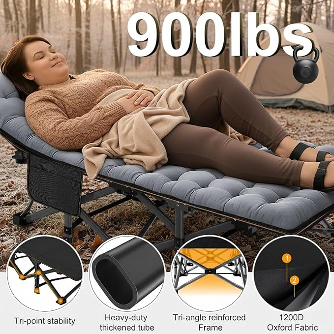 ABORON XXL Camping Cot for Adults 900LBS - 78"×32" Oversized Folding Bed with Mattress Pad, Heavy Duty 1200D Oxford Outdoor Cot with Carry Bag