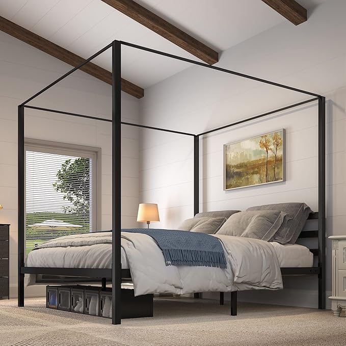 YITAHOME Metal Four Poster Canopy Bed Frame 14 Inch Platform with Built-in Headboard Strong Metal Slat Mattress Support, N...