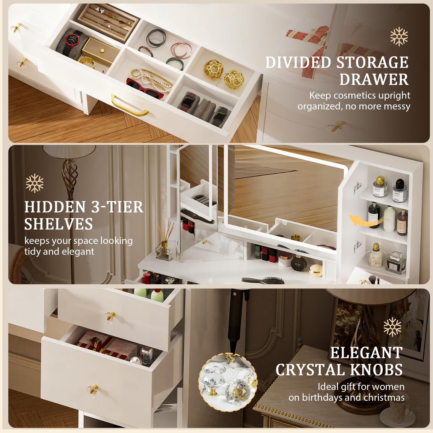 COMHOMA Vanity Desk with 3 Way Mirror and Lights, Large Makeup Vanity Table Set with Charging Station, 3 Lighting Modes & 360° View Mirror, 7 Drawers Dressing Table for Women Girls Bedroom, White