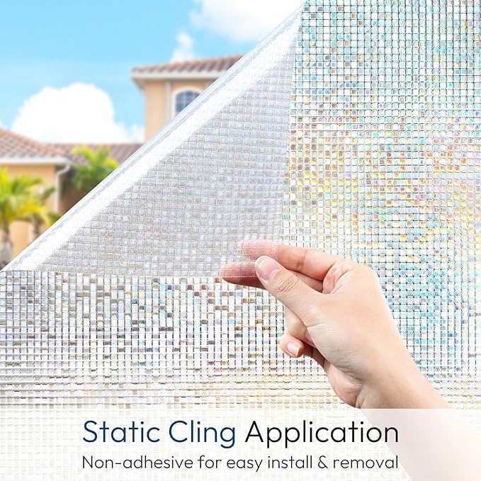 rabbitgoo Window Privacy Film Stained Glass Window Film, Mosaic Rainbow Decorative Glass Cling, Removable Static Cling Tint UV Blocking, Non-Adhesive Privacy Covering for Home, 17.5 x 78.7 inches