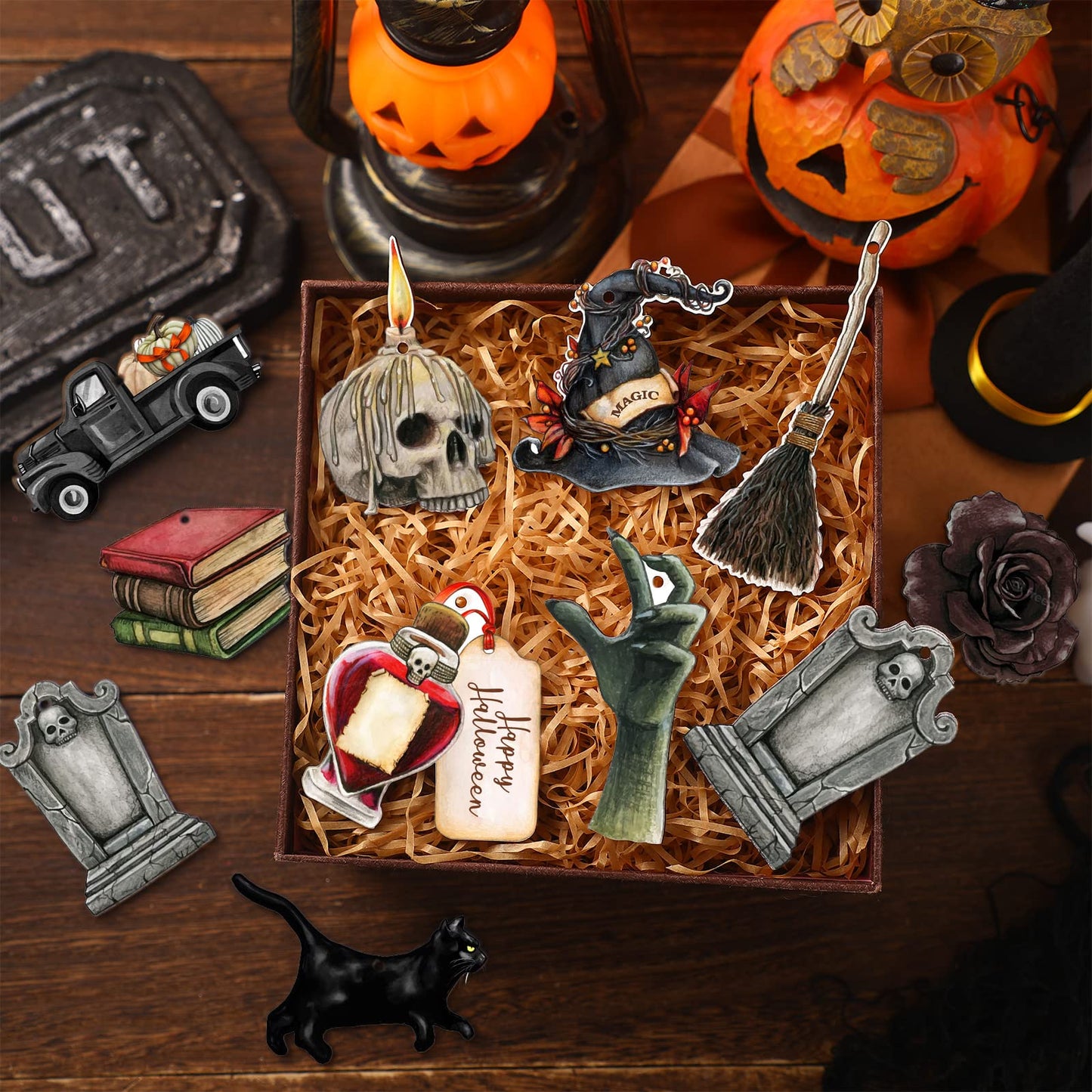Maitys 36 Pcs Halloween Wood Ornaments for Tree Gothic Halloween Decorations Skull Black Cat Pumpkin Hanging Signs Witch Hats Finger Crow Wood Cutouts with Ropes for Home Small Tree Party Indoor Decor