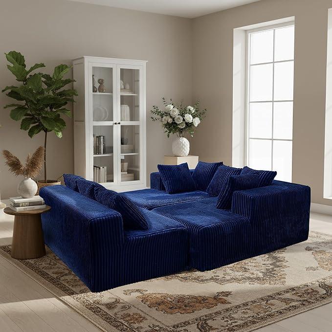 SEENYOO 130" Boneless Couch, Cloud Couch Sectional, Corduroy Sofa for Living Room, U Shaped Modular Sofa with Chaise, No Assembly, 4 Seats Oversized (Blue)