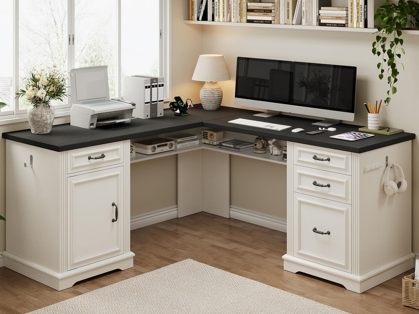 Farmhouse L Shaped Executive Desk with 4 Drawers, Home Office Desk with Hidden Under-Desk Storage Shelf and Charging Station, File Cabinet Storage, Wood Corner Computer Desk for Work and Study, White