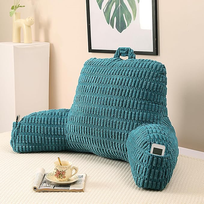 PAJEO Reading Pillow for Sitting in Bed, Large Backrest Reading Pillow with Arm Rest,Back-Rest Support Cushion for Sit Up on Couch, Sofa, and Floor, Dorm Essentials (Dark Green Corduroy, Large(19"))
