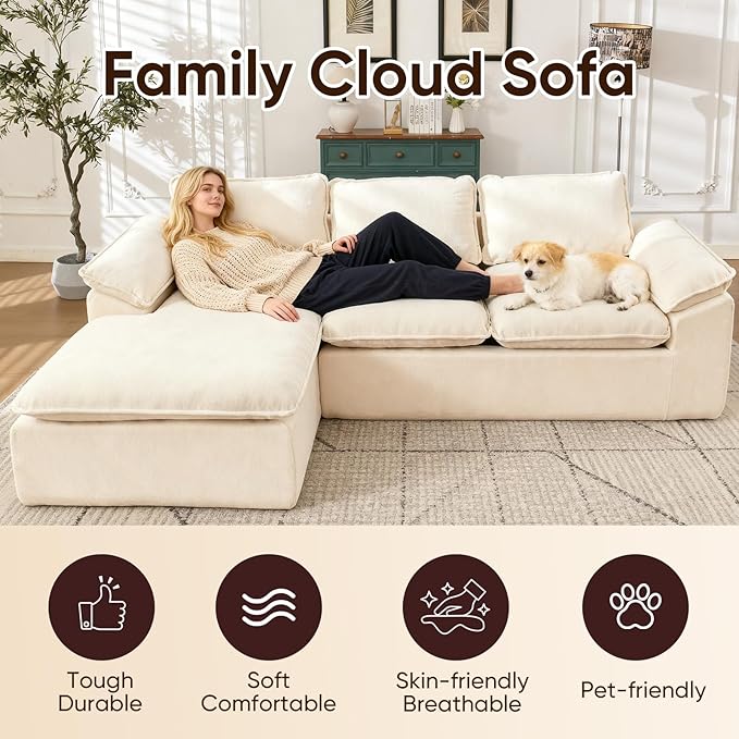 YAAREE 105.6”L Shape Modular Sectional Couch for Living Room, Modern Cloud Sectional 3 Seat Sofa with Oversized Chaise, Woven Texture Upholstery Boneless Couch (Beige, Left Facing Chaise)