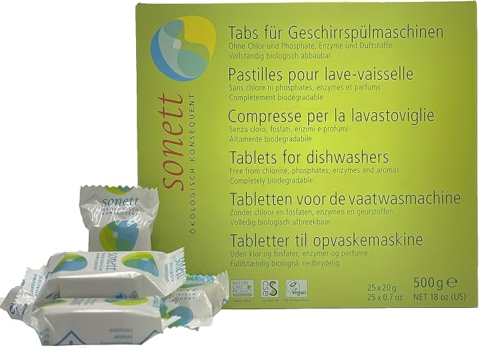 Sonett Organic Dishwasher Tablets 25 Count Deep Clean Dish Tab Fresh Scent 25 tablets x 0.67oz,18 fl.oz/ 500gr (5 Count)