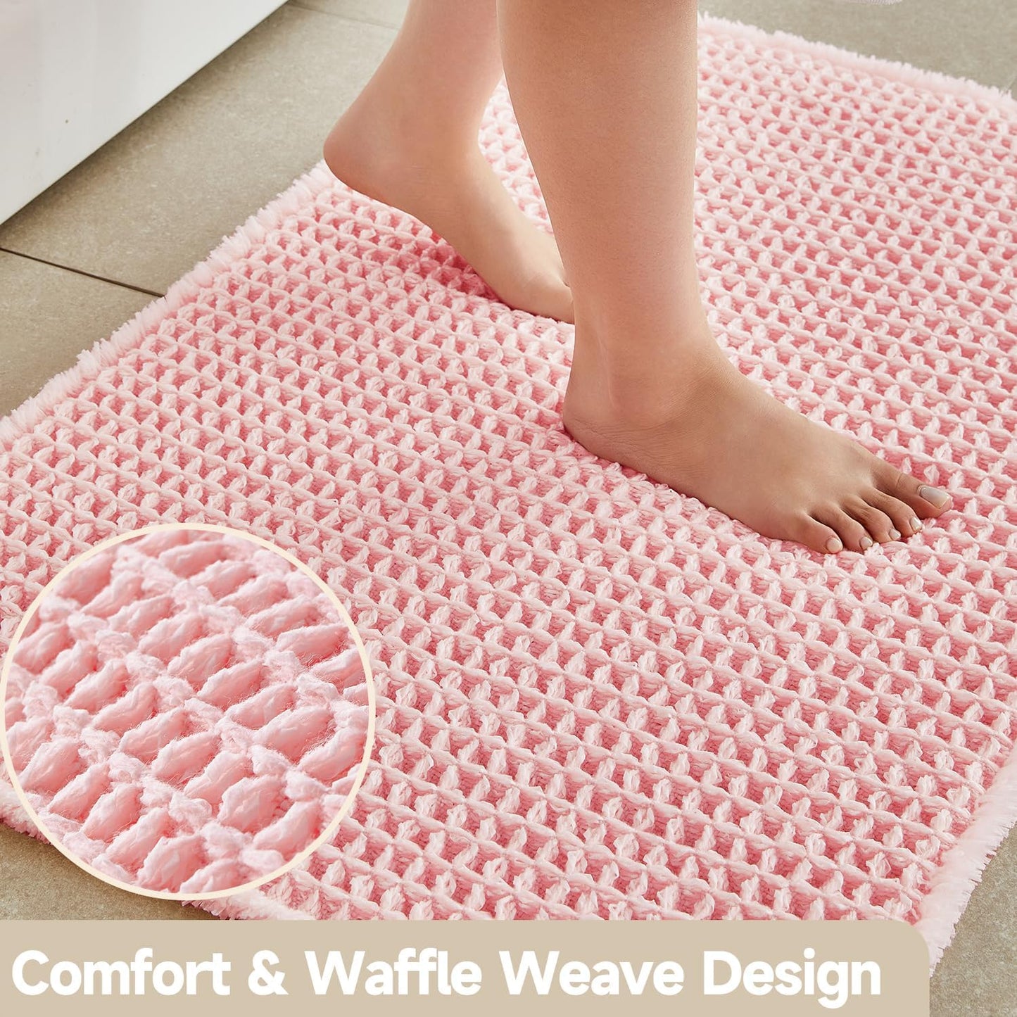 Light Peachy Pink Bathroom Rugs, Waffle Bath Mat Non Slip Washable Quick Dry Cute Bath Mat Boho Farmhouse Bathroom Decor, 30"x20" Light Peachy Pink