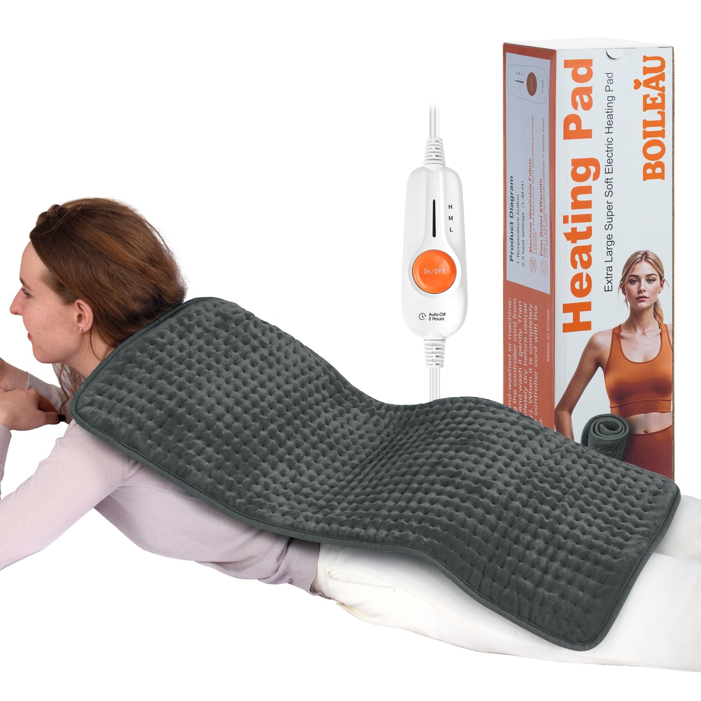 Boileau Electric Heating Pad for Back Pain and Period Cramps Relief, 17"x33" Extra Large XXXL, 3 Heating Levels Heat Pad with 2-Hour Auto Shut Off, Gifts for Women and Mom, Grey