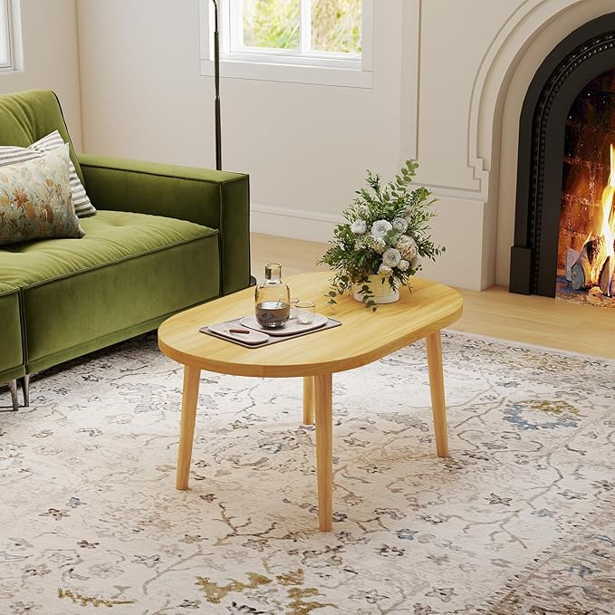Funecy Coffee Table Low Table with Solid Wood Sturdy Legs, Floor Table Desk for Sitting on The Floor, Storage and Living Room Furniture (Natural-Oval)