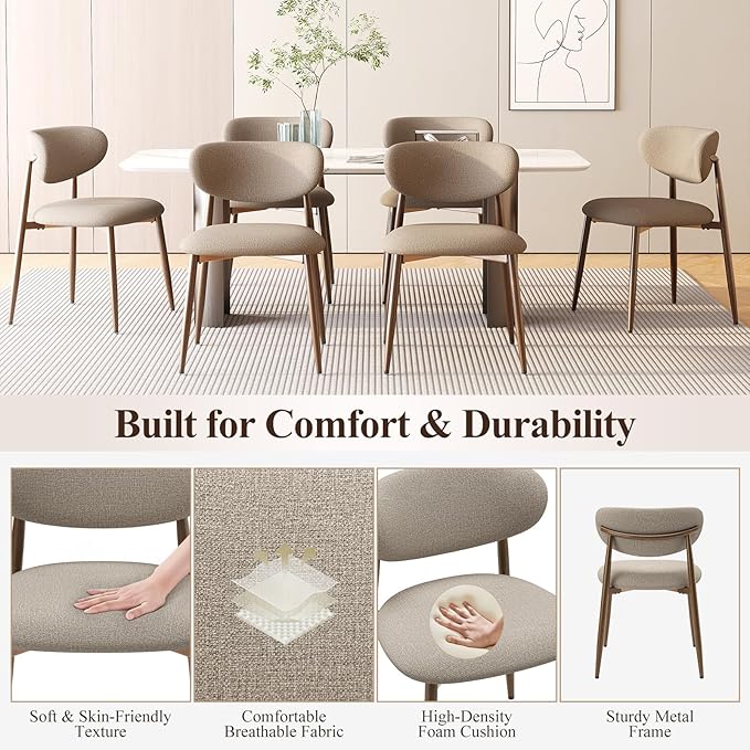 MALOL Dining Chairs Set of 6, Upholstered Dining Room Chairs with Metal Legs and Anti Slip Pads, Curved Back Kitchen Chair for Home and Restaurant Use, Camel