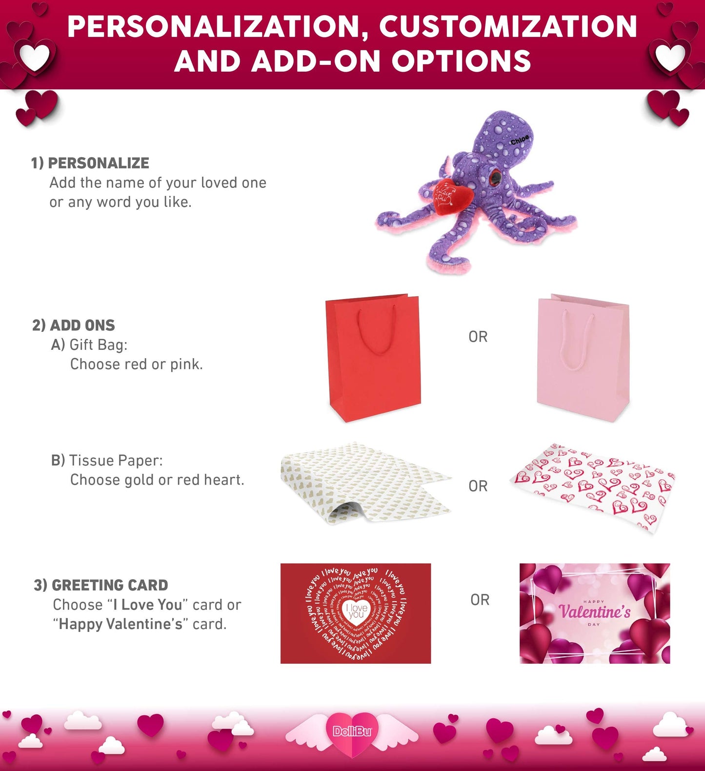 DolliBu I Love You Valentine Plush Purple Octopus - Cute Stuffed Animal with Red Heart and Name Personalization Gift for Valentine's Day, Birthday, Anniversary, Romantic Date - 12 Inches