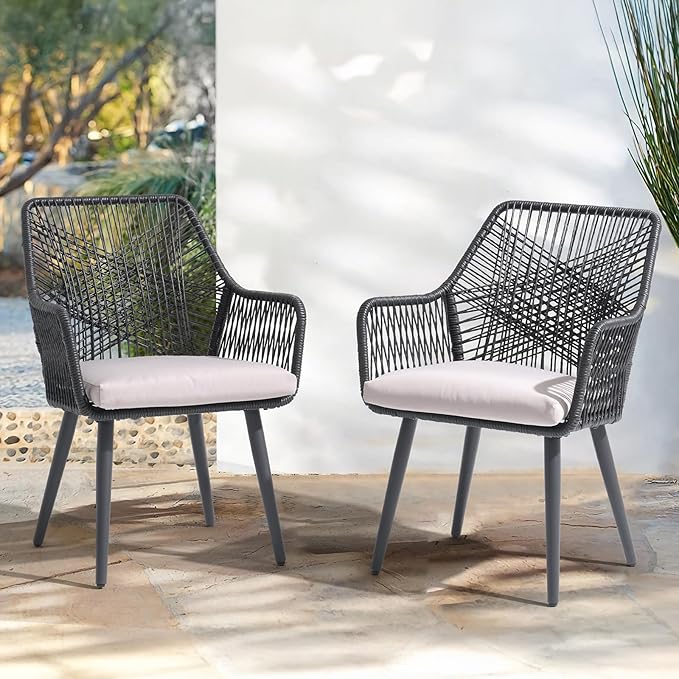 Patiorama Patio Dining Chair Set of 4, Woven Rope Outdoor Dining Chairs w/Steel Frame, All-Weather Twisted Rattan Chairs w/Armrest & Cushion, Outdoor Dining Wicker Chairs for Backyard Garden(Black)