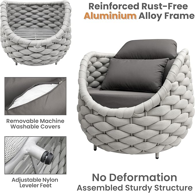 Erotr Front Porch Furniture Set 3 Piece: Aluminum Woven Rope Patio Conversation Sofa Set for 2 - Assembled Outdoor Deck Couch Armchair Set Cushions - for 400lb Balcony Pool Yard Bistro Hotel - Gray