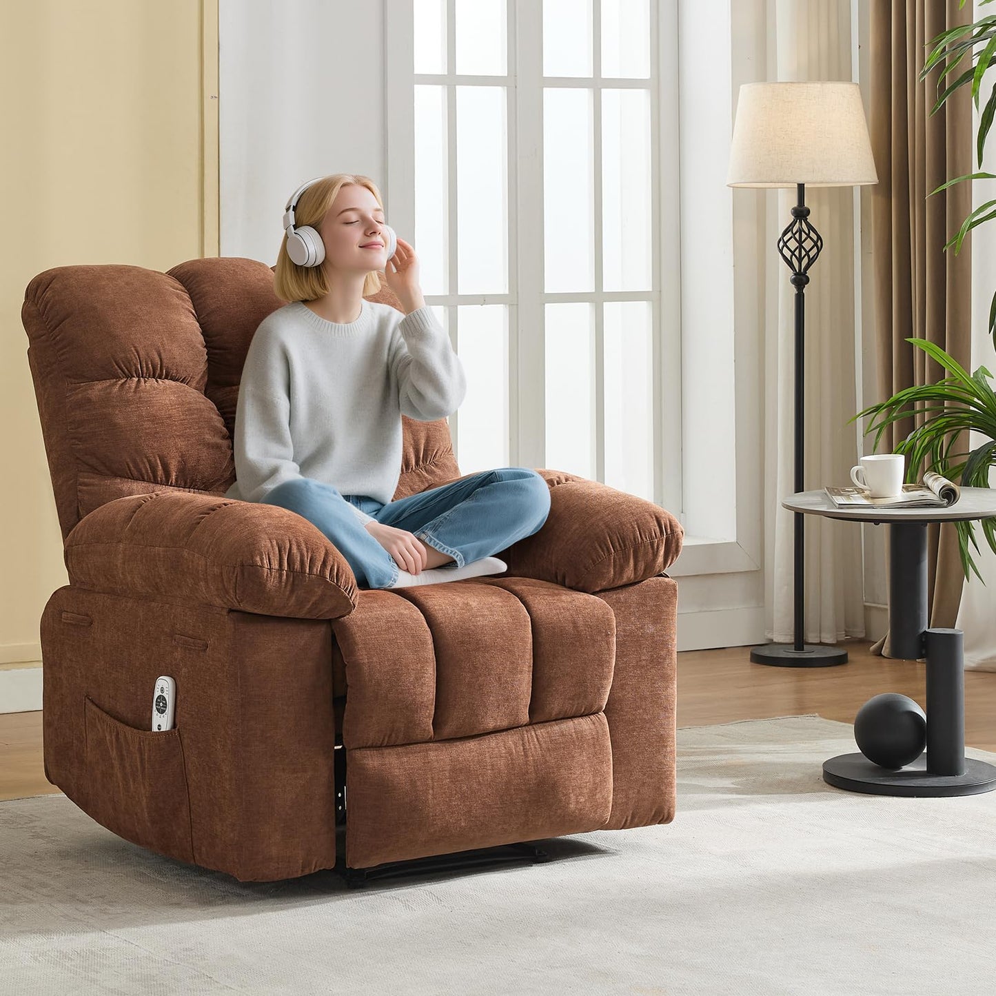 Dark Brown Ergonomic Recliner Chair - Overstuffed Rocking Recliner with Massage & Heat, Wide High-Back Linen Reclining Chair, Manual Adjustable with Remote & Dual Side Pockets for Living Room Bedroom