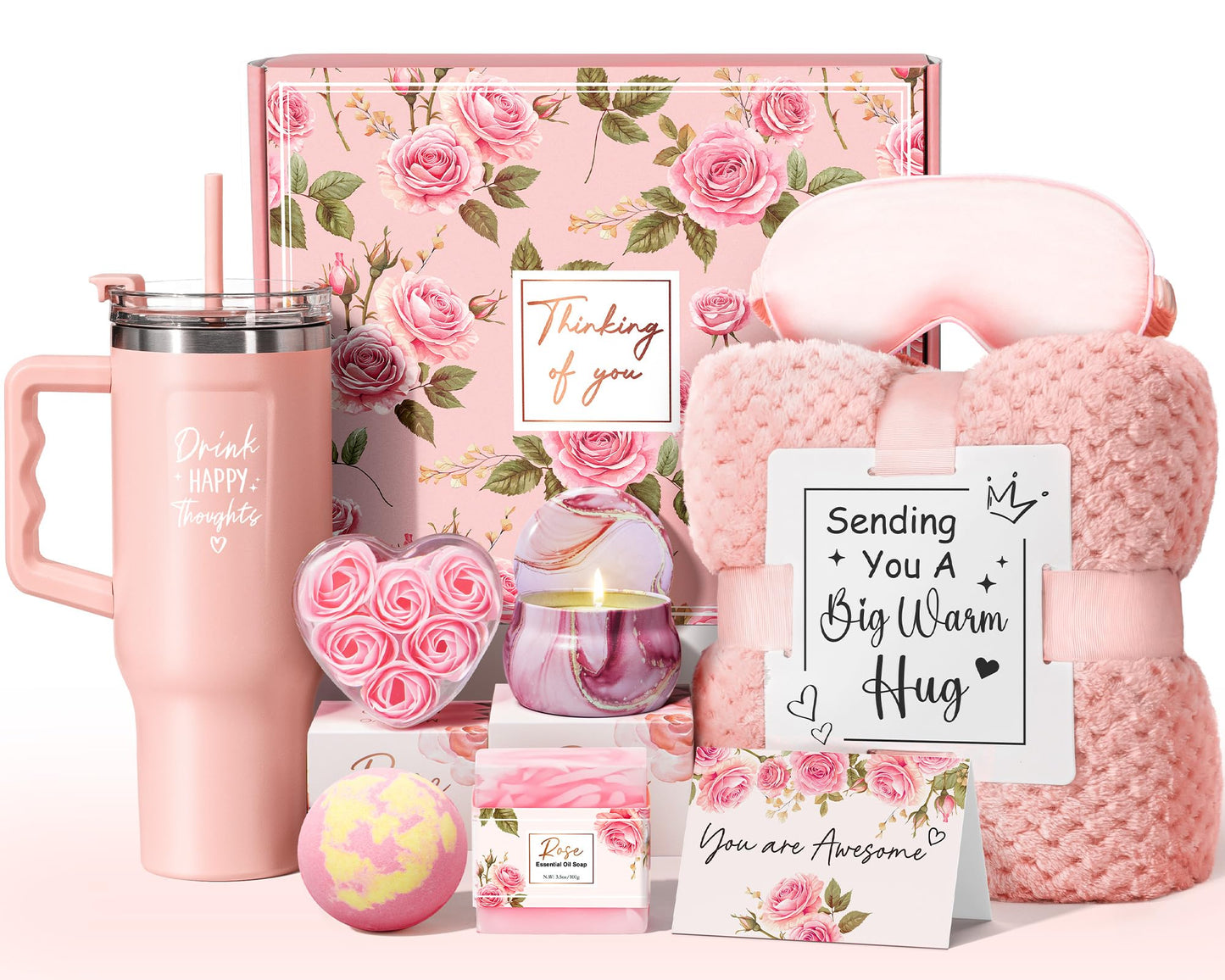 Birthday Gifts for Women Self Care Gifts Get Well Soon Gifts, Rose Relaxing Spa Gifts Basket Care Package w/ Luxury Flannel Blanket 40 oz Tumbler, Mothers Day Gifts for Mom Her Wife Girlfriend Sister