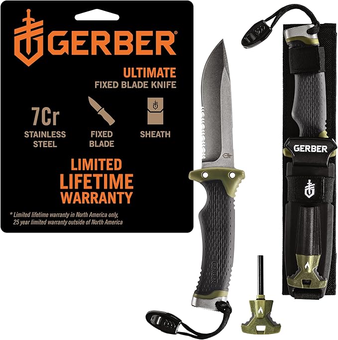 Gerber Gear Ultimate Survival Knife, Fixed Blade Knife with Combo Edge, includes Fire Starter Edge and Ferro Rod, Whistle,...