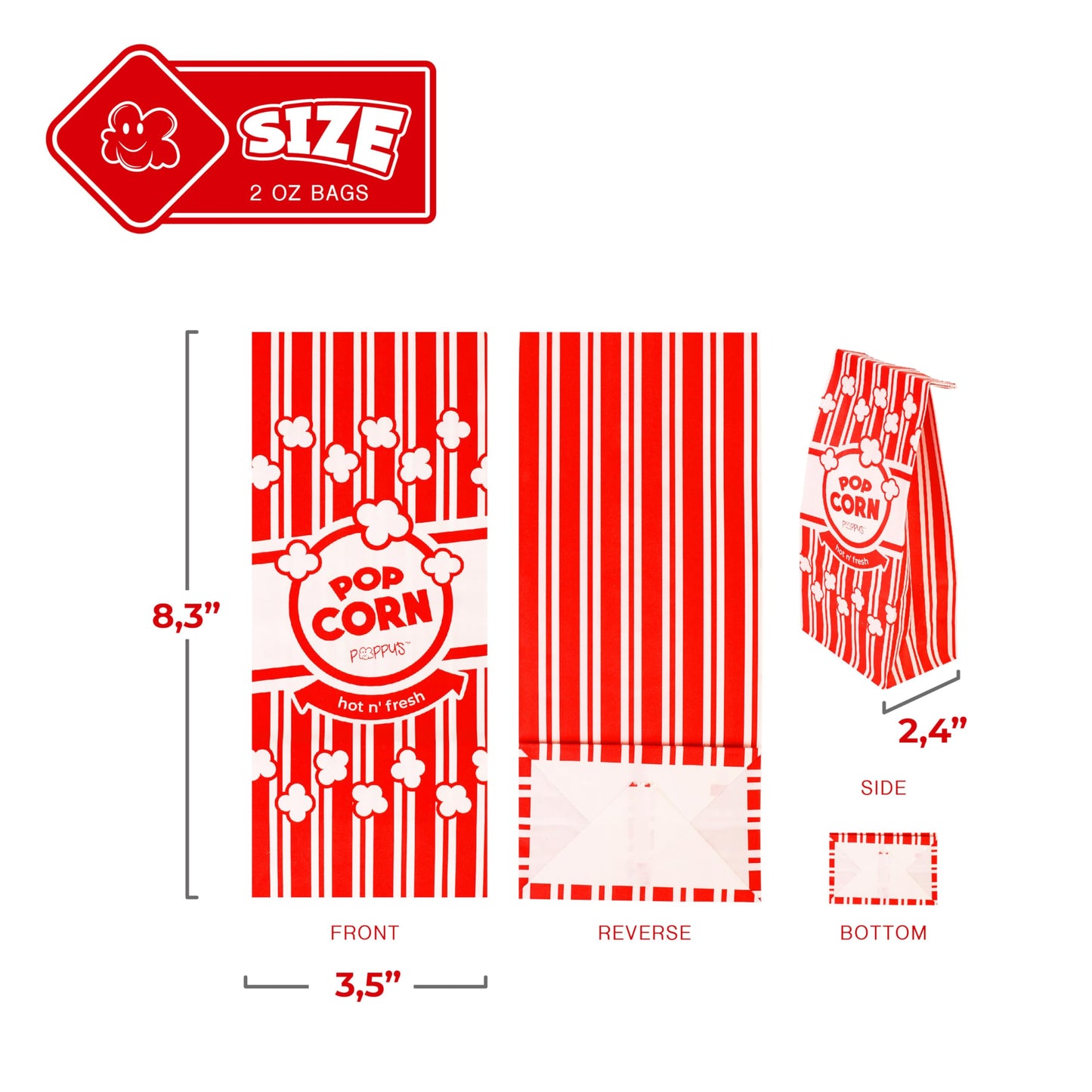 Poppy's Flat Bottom Paper Popcorn Bags – 50 Pack 2 oz Concession-Grade Bags, Popcorn Machine Accessories for Popcorn Bars, Movie Nights, Concessions