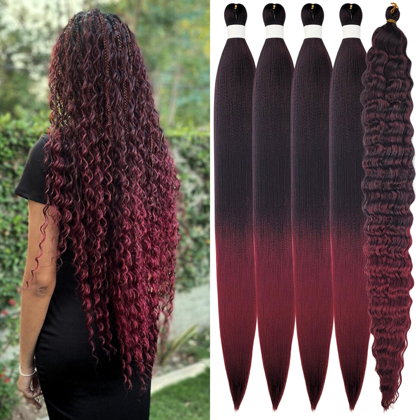 Burgundy Ombre Braiding Hair Pre stretched Synthetic Boho Braiding Hair for Boho Braids(30 inch, Packs of 5)
