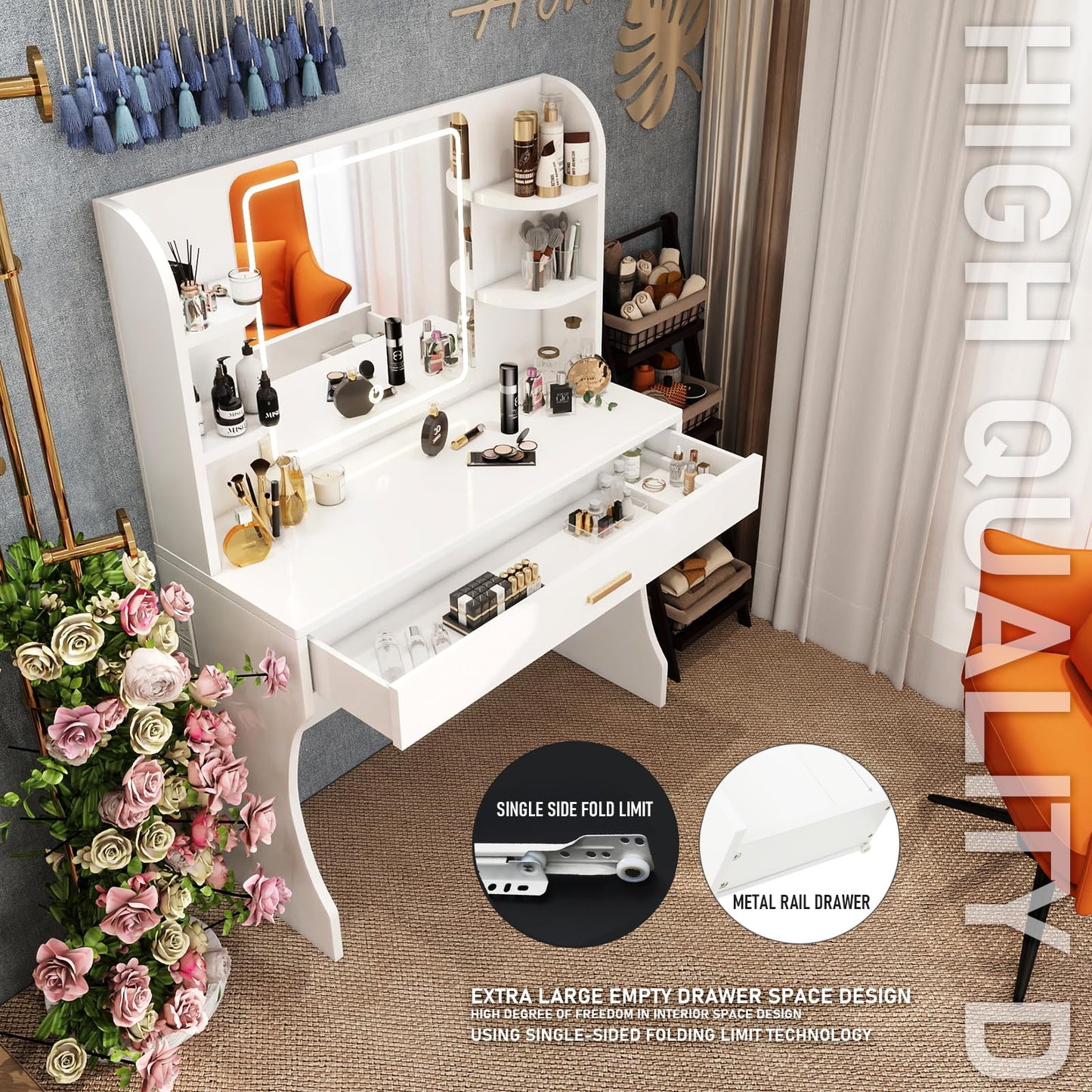 CFTEL Vanity Desk, Makeup Vanity with Mirror and Lights, White Makeup Vanity Table with Big Drawer, Power Outlet, Stronger Links, for Bedroom, Dressing Room