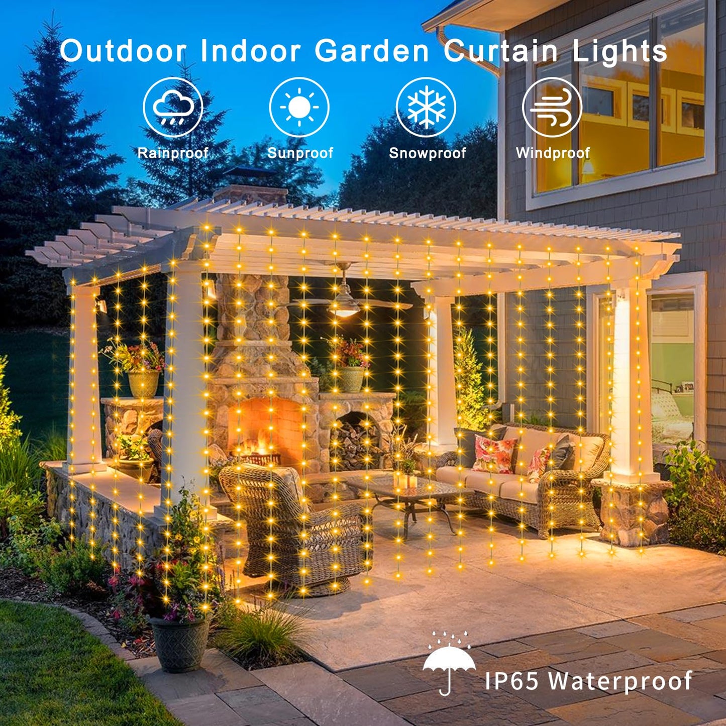 Solar Curtain Lights 7.9ft x 6ft 144 LED Outdoor Curtain Lights Waterproof with Timer 8 Modes for Christmas Garden Patio Fence Wedding Wall Window Gazebo Decor - Warm White