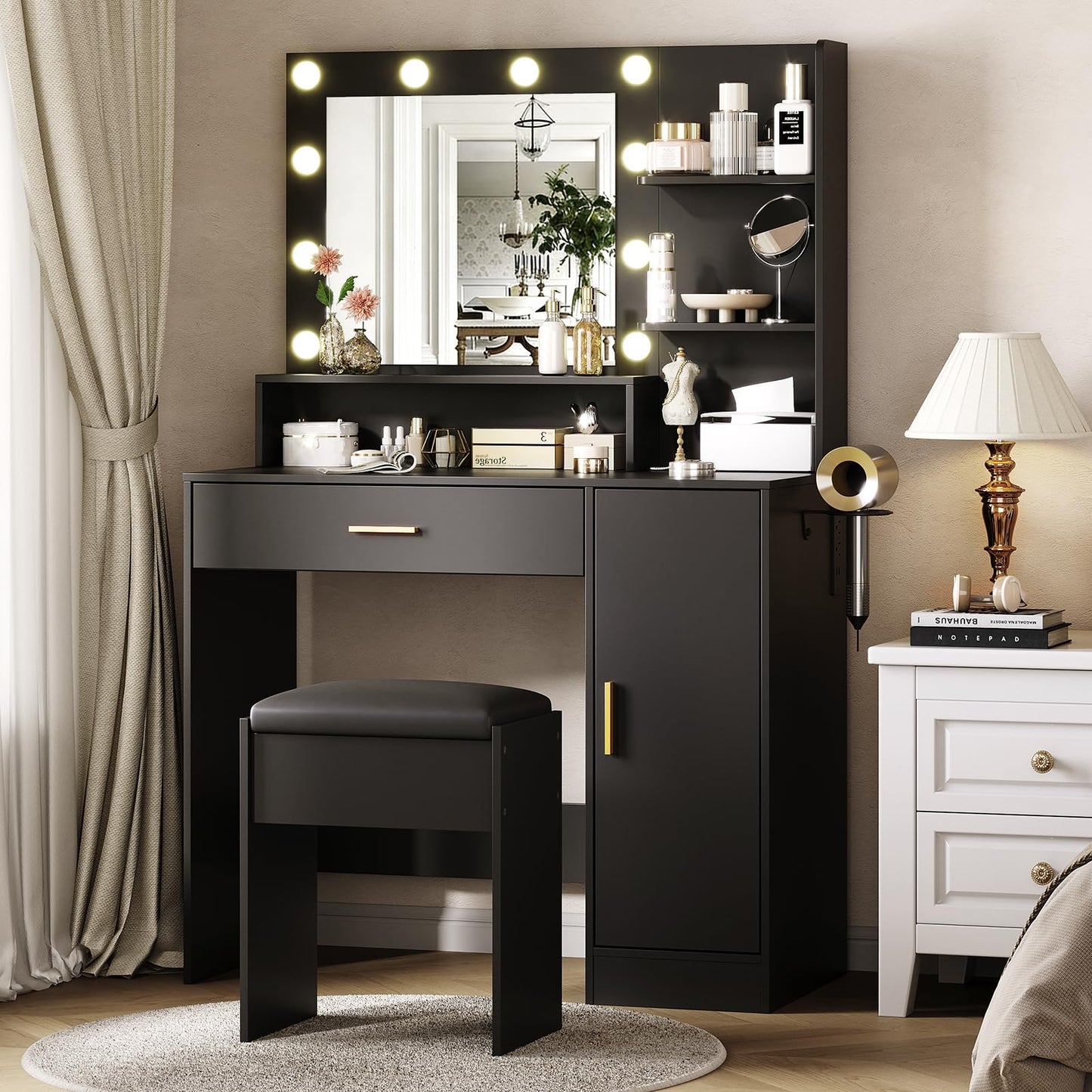 GarveeHome Makeup Vanity Desk with HD Mirror & 10 LED Bulbs, Dressing Table with Charging Station, Adjustable 3 Lighting Modes, Hairdryer Rack & Cushion Stool, Modern Bedroom Vanity Set, Black