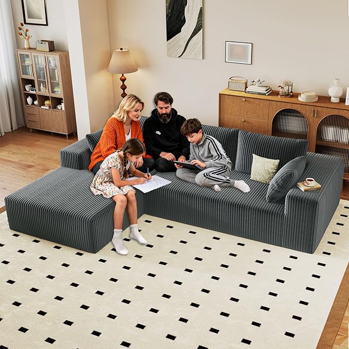 96" Cloud Sectional Couch with L-Shape Chaise, Modern Corduroy Boneless Couch for Living Room,Memory Foam Sofa with Deep Seat,No Assembly Required (Grey,Left-Facing Chaise)