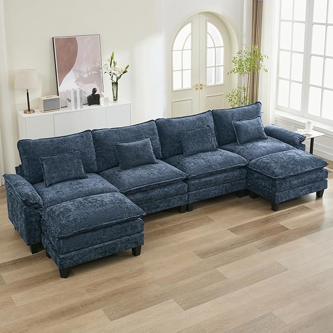 URRED Cloud Couch Modular Sectional Sofa, 157" Modern U Shaped Deep Seat Sofa with 2 Ottomans & Pillows, Ultra Comfy Chenille Couches for Living Room, Bedroom or Apartment, Blue