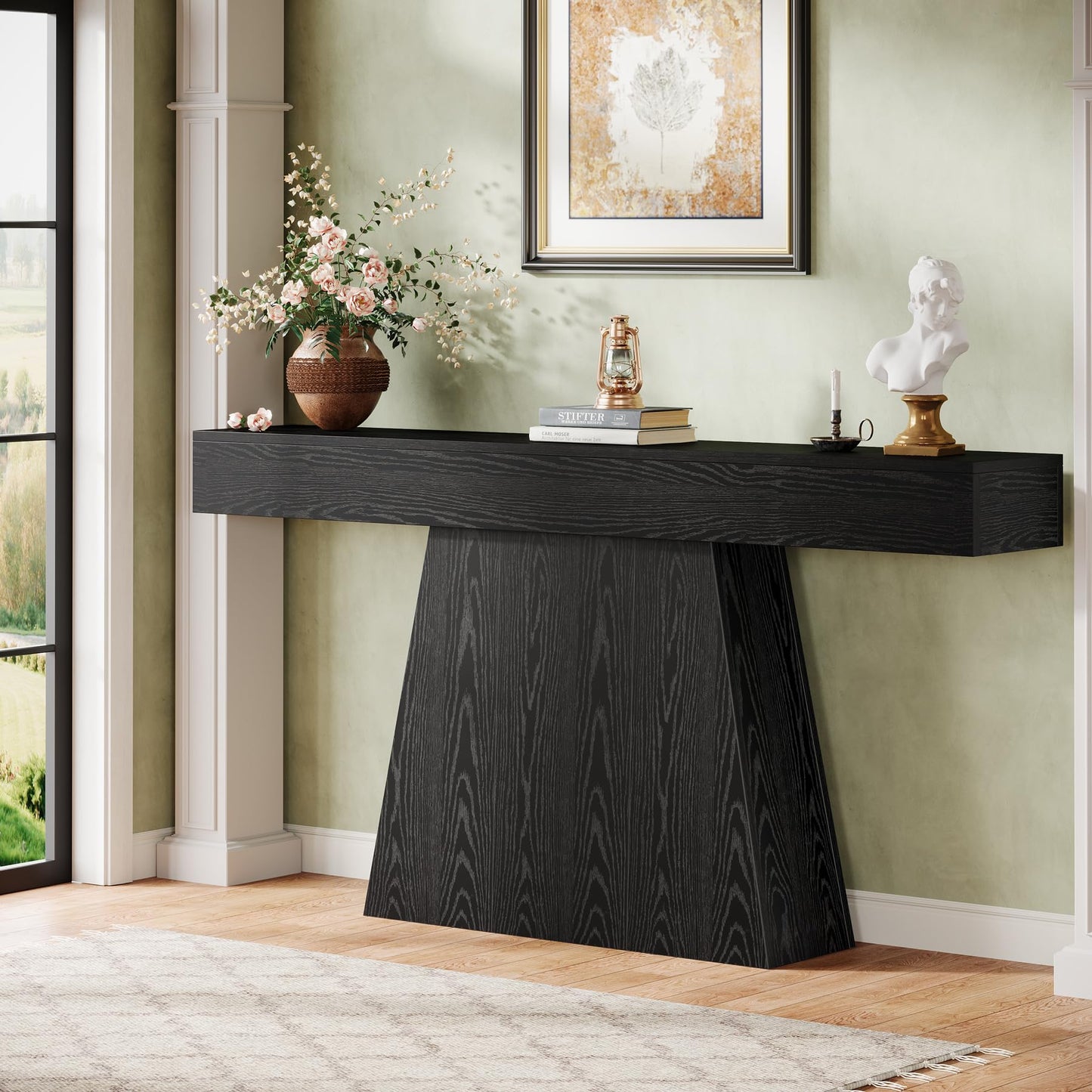 Tribesigns 63" Black Console Table, Farmhouse Entryway Table with Trapezoidal Base, Narrow Long Sofa Table Behind Couch Table for Entrance, Hallway, Living Room, Black