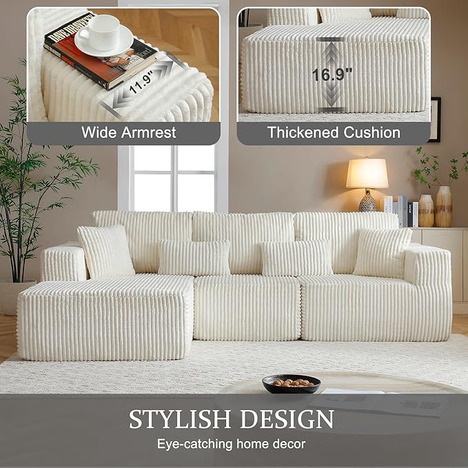 HYJT-H&K Modular Sectional Sofa Cloud Sectional Couch, 107" Comfy Fluffy L Shaped White Couches for Living Room, Deep Seat Memory Foam Plush Corduroy Boneless Couch Sectionals Left Facing Chaise Sofa
