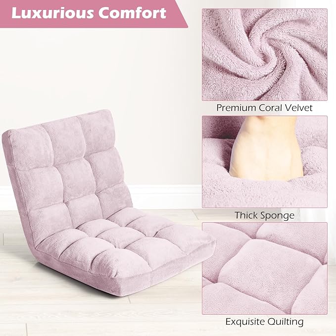 COSTWAY Floor Chair, Video Gaming Chairs with Back Support, Adjustable 14-Position, Alloy Steel Frame, Soft Coral Fleece, Lazy Sofa Lounge for Reading Living Room Recliner for Adults Kids (Light Pink)