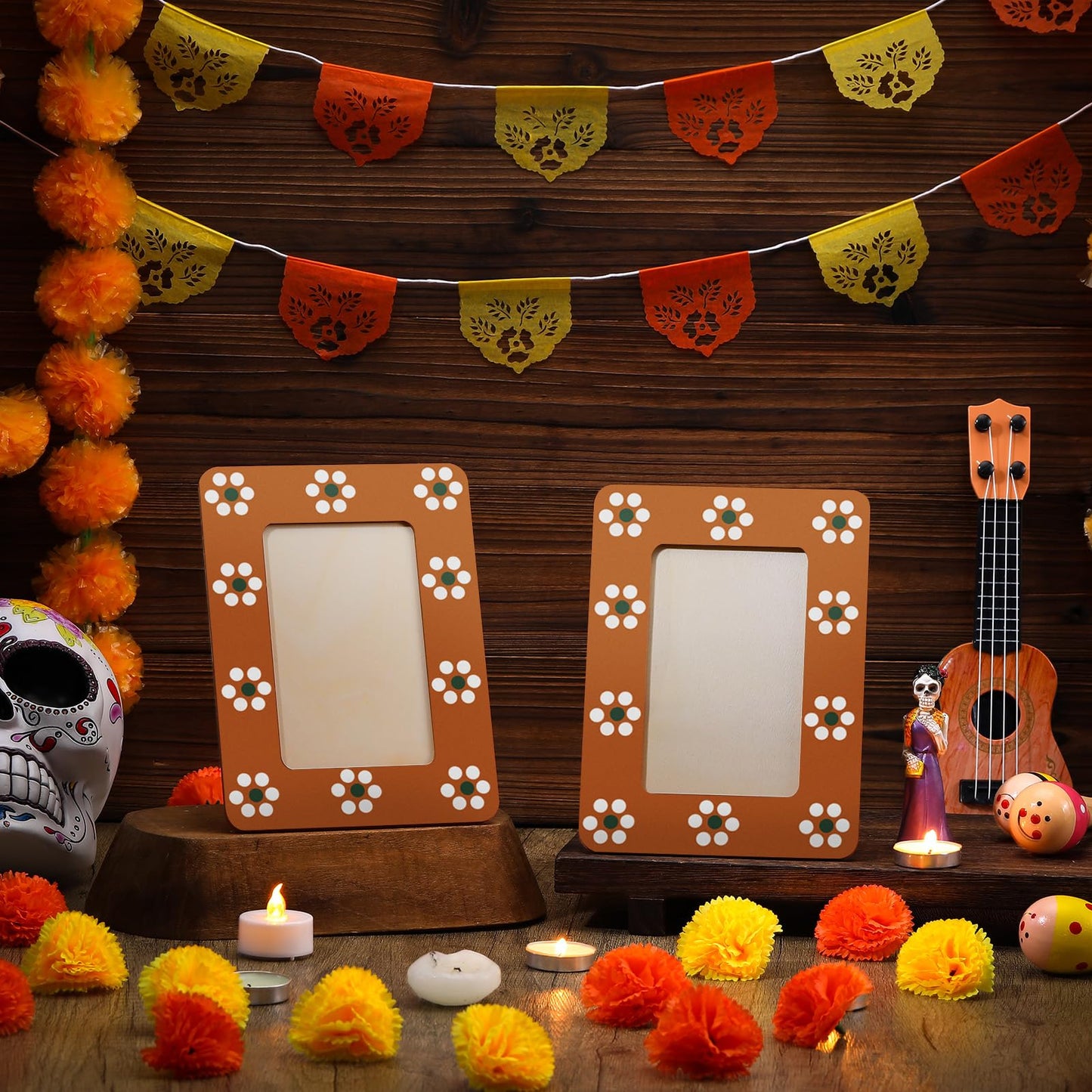 Chunful 6 Pcs Mexican Flowers Picture Frames for Dia De Los Muertos Altar Day of the Dead Decorations Wooden Picture Frame for Dia De Los Muertos Altar Ofrenda Decorations