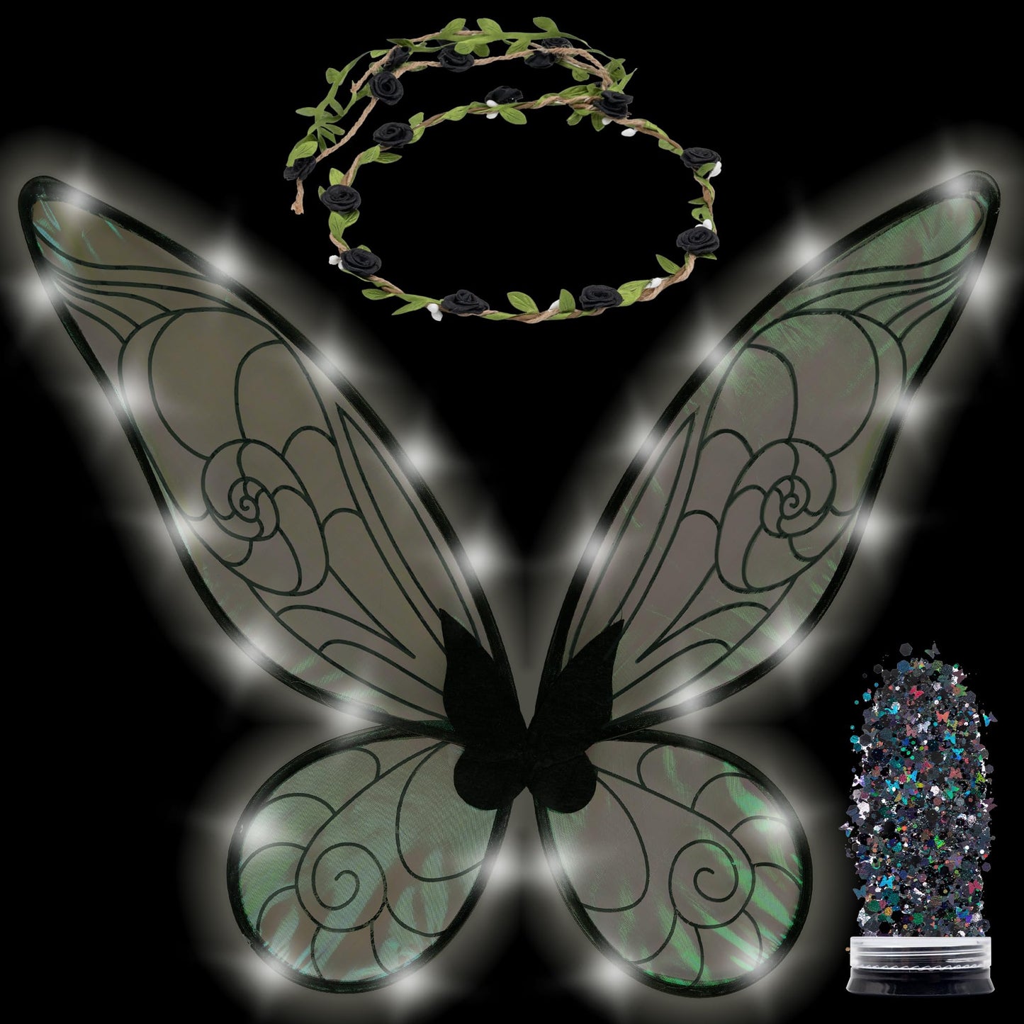 Funcredible Fairy Costume For Women and Girls - Black Light Up Fairy Wings and Flower Crown, Glitter - Butterfly Wings - Tooth Fairy Cosplay Outfit - Halloween Costumes for Women