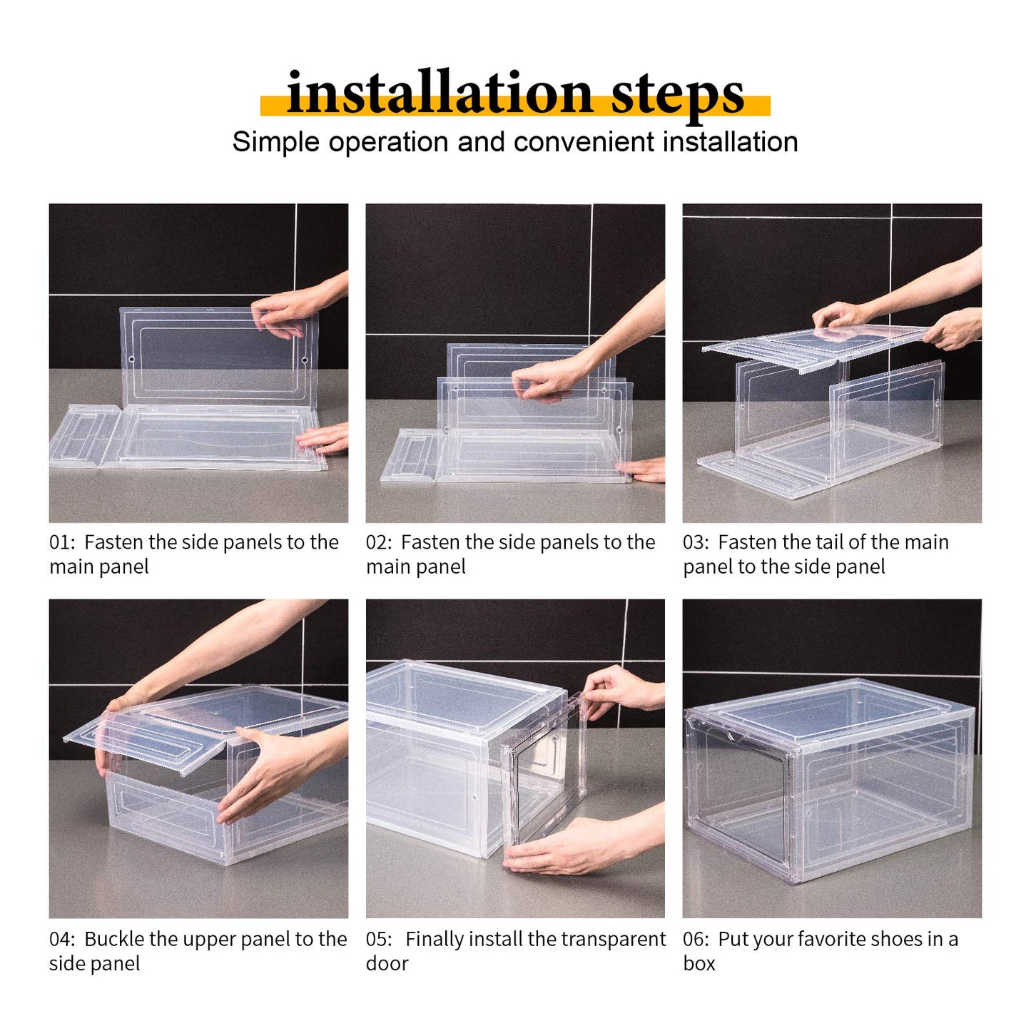 Attelite Shoe Box Organizer,Set of 6,Stackable Plastic Shoe Box with Clear Door, Shoe Storage Box Containers,For Display Sneakers,Easy Assembly,Fit up to US Size 12(13.4”x 10.6”x 7.4”)