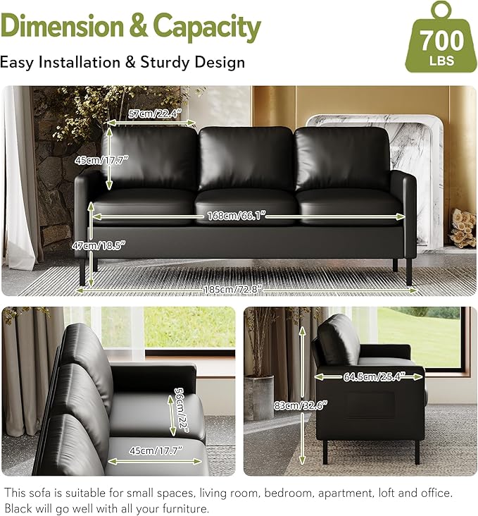 STHOUYN 72" W Faux Leather Black Sofa 3 Seat Couch, Modern Comfy Couch with 2 USB, Small Couches for Living Room Apartment Bedroom Small Spaces, Office(Black (Sofa))