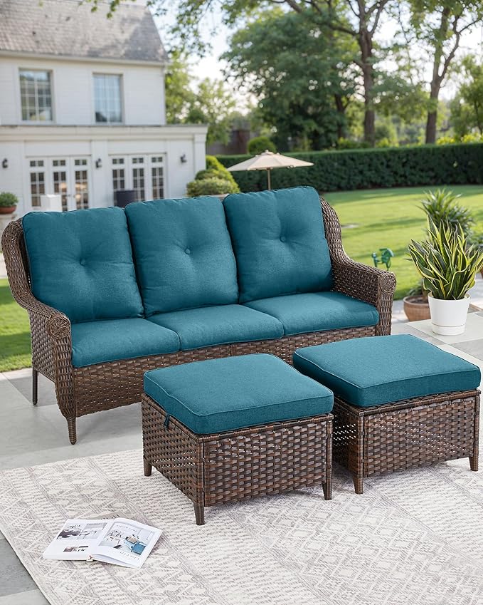 ACTREST Patio Couch Outdoor Wicker Sofa - Heavy Duty All-Weather Brown Rattan 3-Seater with High Back and Comfortable Thick Cushions for Garden Back Porch Poolside Apartment - Peacock Blue