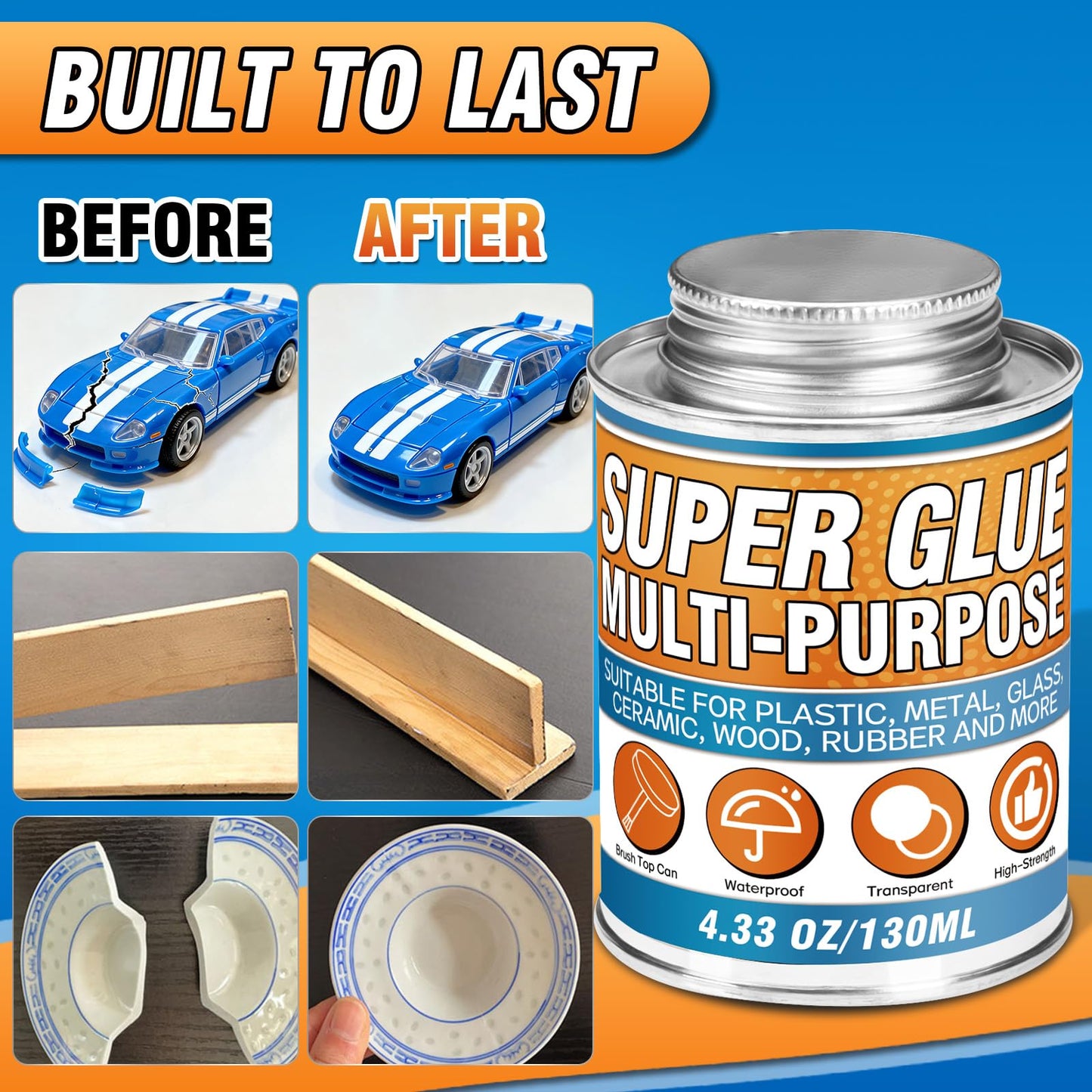 Super Glue with Brush (130ml) - All Purpose Strong Clear Adhesive, Waterproof Superglue Multi-Purpose Glue Gel for Wood, Ceramic, Glass, Leather, Plastic, Rubber, DIY Crafts & Industrial Repairs