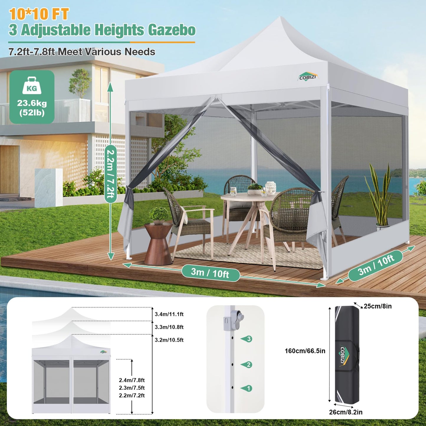 COBIZI Canopy Tent 10x10 Heavy Duty Pop Up Canopy with Sidewalls Waterproof,Easy to Set up Gazebo with Mosquito Netting Outdoor Mesh Screen Tents for Parties Wedding Party with Carry Bag, White