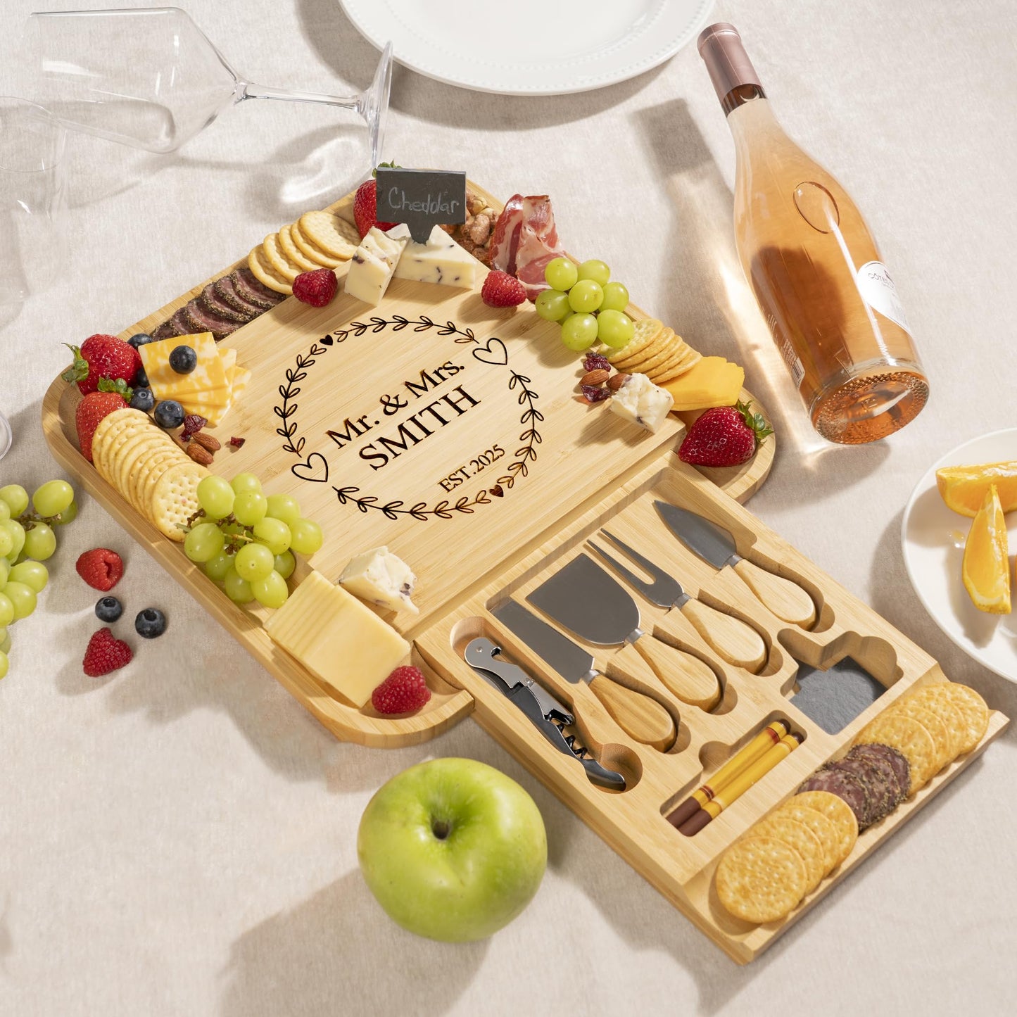 Personalized Bamboo Cheese Board with Cheese Knives & Accessories – Custom Engraved Charcuterie Board Gift Set, Wedding for Couples 2025, Housewarming