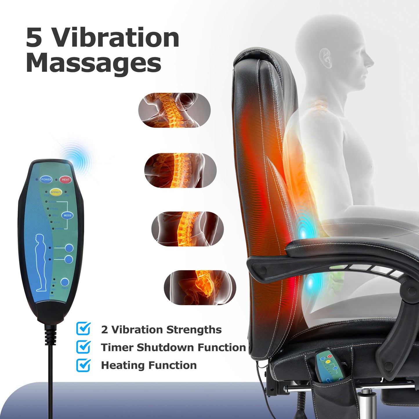TonghuaS Reclining Massage Office Chair with Footrest, High Back Ergonomic Executive Chair with Heating and Vibration Function(Black)