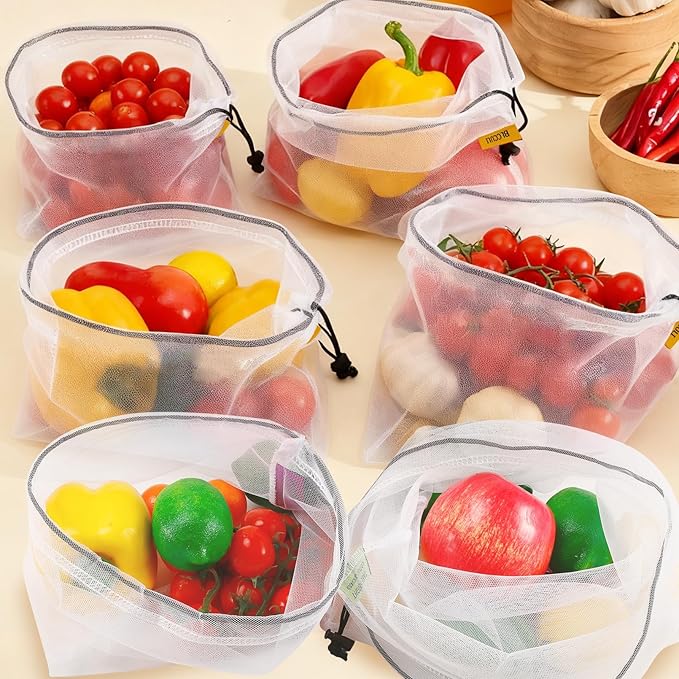 Blcculi 12 Pack Reusable Produce Bags,Mesh Produce Bags,Washable Mesh Grocery Bag with Drawstring &Colorful Tare Weight Tags,See-Through Vegetable Storage Bag for Grocery Shopping,Fruits,3 Sizes