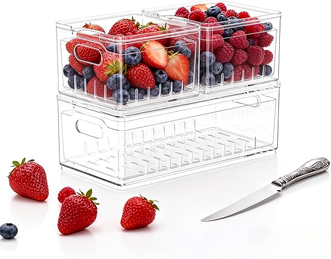 Household Transparent PET Fruit Draining and Washing colander food storage boxes plastic cookie containers refrigerator organizers (3, 1 rectangle 2 squares)