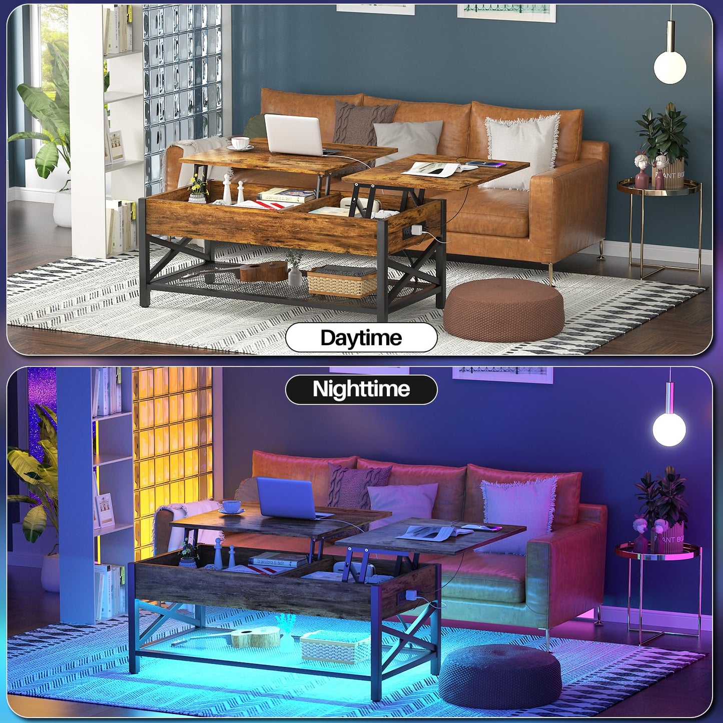 Aheaplus Coffee Table with LED Light and Power Outlet, Modern Lift-Top Center Table with Storage Shelf, for Living Room with Lift Tabletop, X Support Metal Frame, Rustic Brown