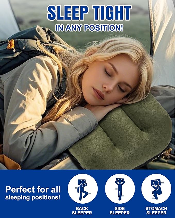 Kampair Ultralight Inflatable Camping Pillow for Sleeping – Soft Velvet Cover, Compact & Portable, Ergonomic Neck Support, Machine Washable Air Pillow, Perfect for Travel, Hiking, Backpacking – Green