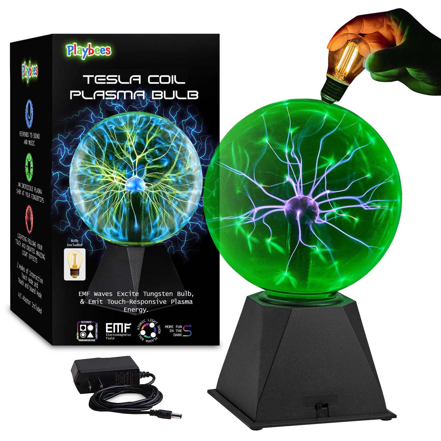 Playbees Green Plasma Ball - 7 Inch - Tesla Coil Bulb Static Electricity in a Vacuum Pressurized Glass Globe, Nebula Thunder Lightning, Plug-in - for Parties, Decorations, Prop, STEM