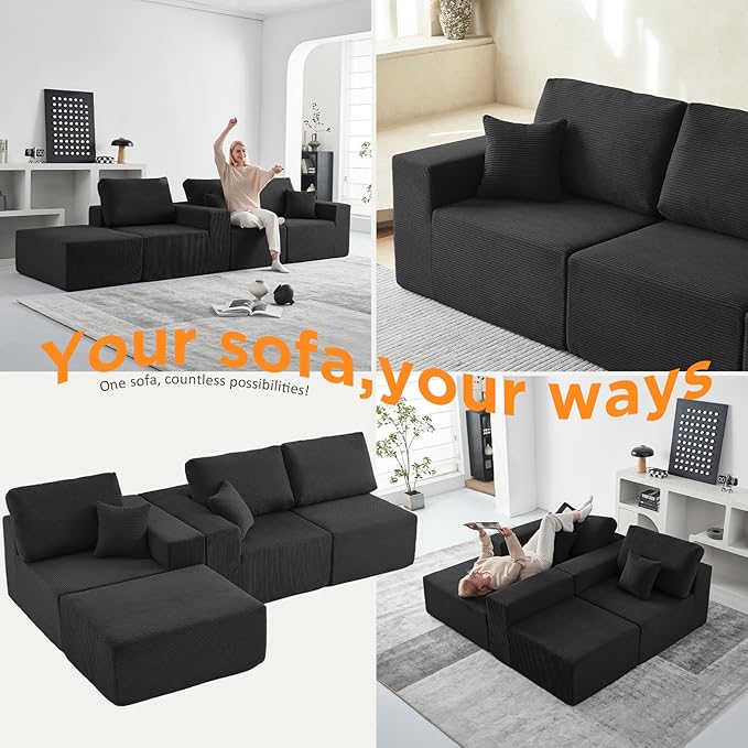 INGEROOM 108" Cloud Sectional Couch with Chaise, Modular L-Shaped Sofa, Deep Seat Comfy Corduroy Memory Foam Couch for Apartments, Dorms or Small Space, No Assembly Required, Black