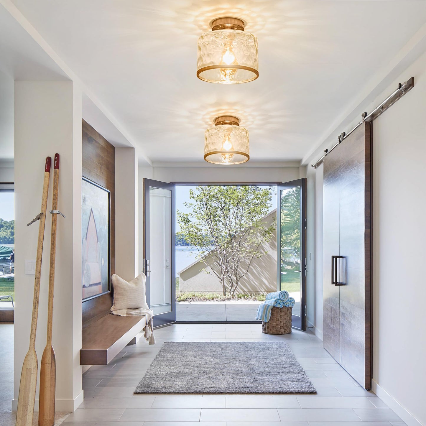 Zlepmlla Modern Semi Flush Mount Ceiling Light with Industrial Clear Hammered Glass Lampshade, Farmhouse Ceiling Lights fixtures in Satin Nickel for Hallway Kitchen Bathroom Bedroom