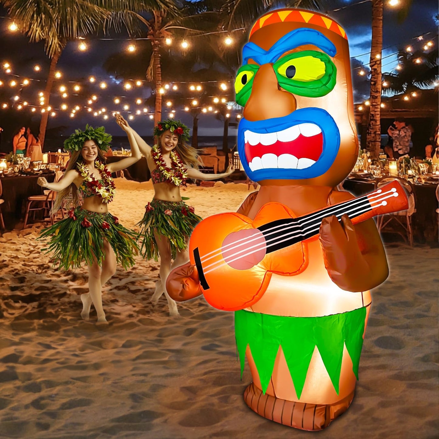 TURNMEON 6 FT Inflatable Tiki Playing Guitar Outdoor Luau Hawaiian Tropical Party Decoration, Built-in LED Lights Blow up Tiki Man Bar Decor for Yard Lawn Garden Beach Summer Pool Party Favor Supplies