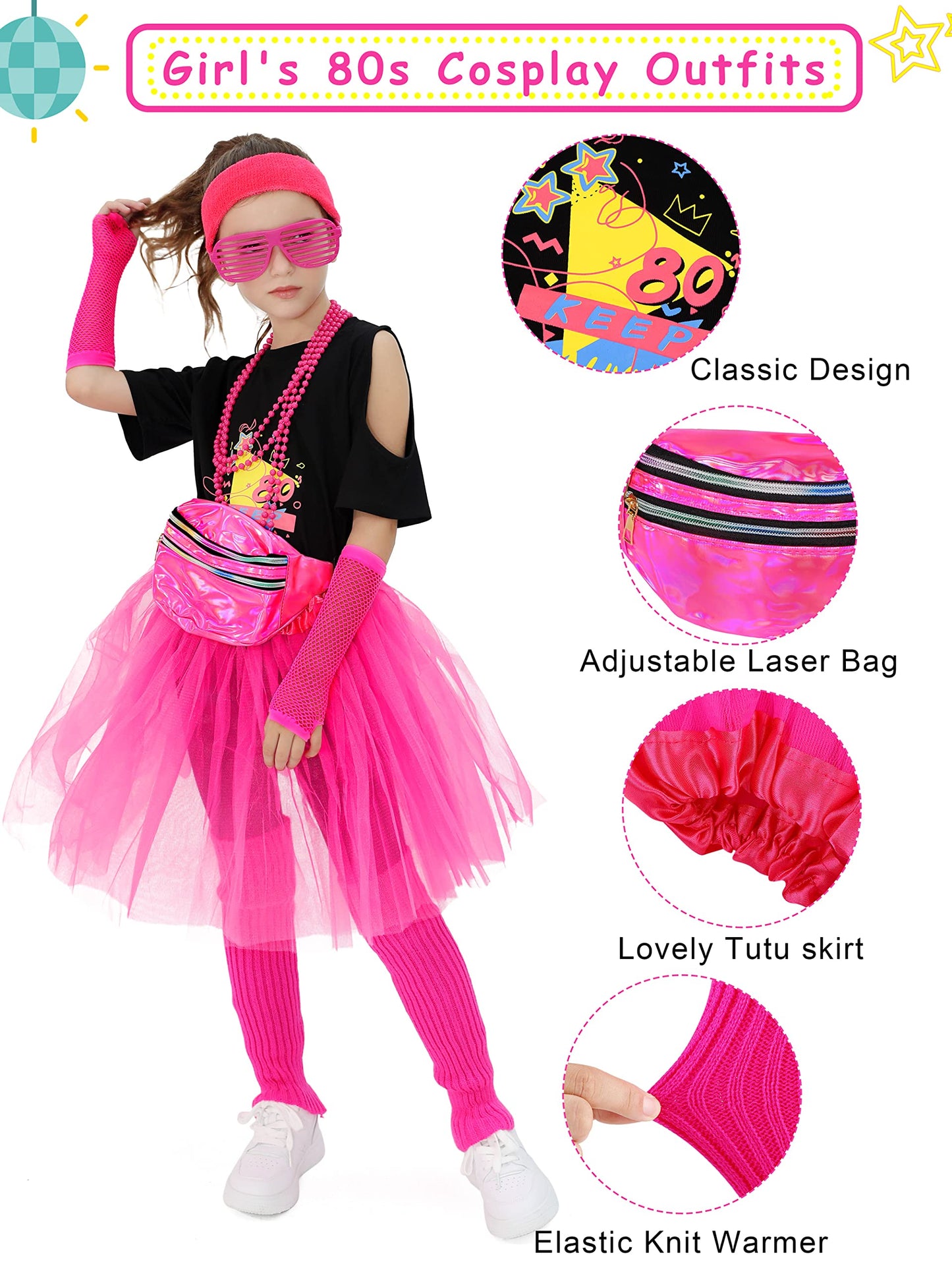 SOMSOC 13 Pieces Kids 80s Costume Accessories Set Girl's 80s Cosplay T-shirt Tutu Outfit Headband Necklace Gloves Leg Warmer
